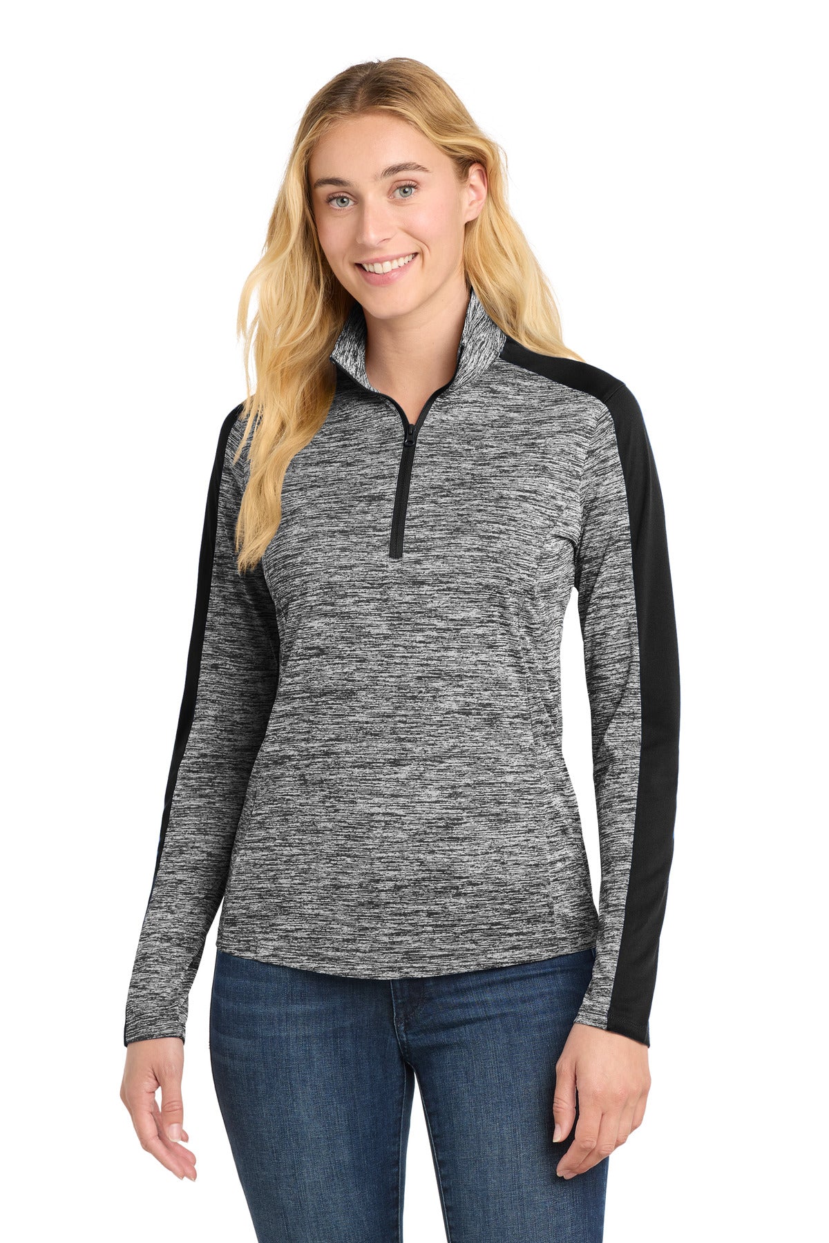 Sport-Tek Women's PosiCharge Electric Heather Colorblock 1/4-Zip Pullover. LST397