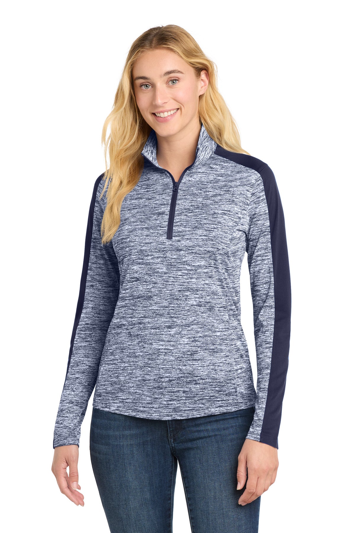 Sport-Tek Women's PosiCharge Electric Heather Colorblock 1/4-Zip Pullover. LST397