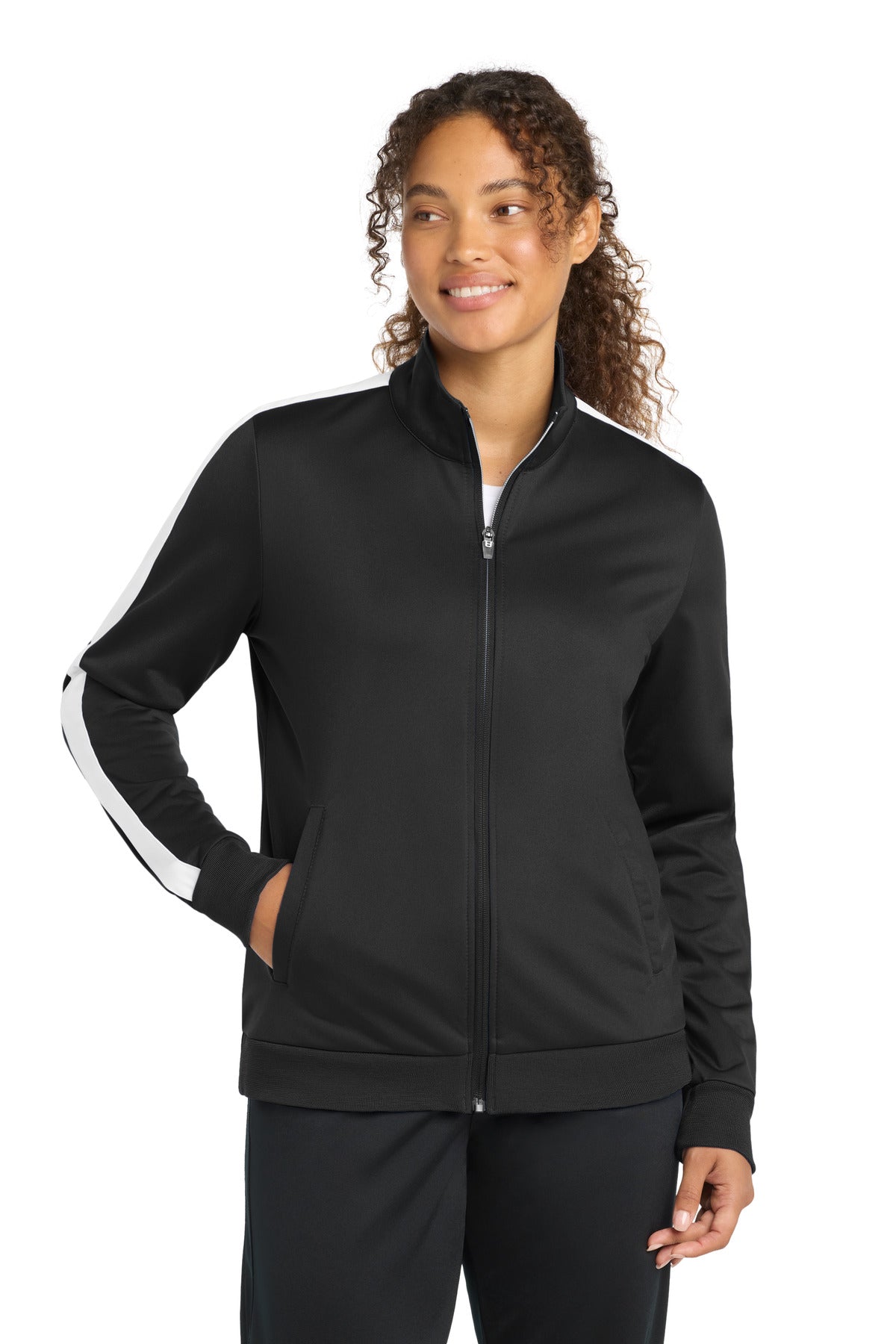 Sport-Tek  Women's Tricot Sleeve Stripe Track Jacket. LST94